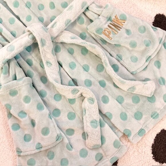 Victorias Secret PINK Womens Medium Large Polka Dot Plush Fluffy Hooded Robe - Picture 5 of 10